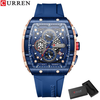 CURREN Tonneau Dial Sport Watch for Men Fashion Waterproof Quartz Wristwatch with Auto Date Yellow Silicone Strap Luminous