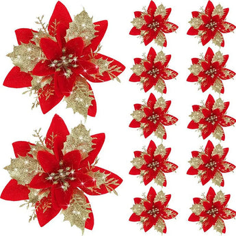 Glitter Artifical Christmas Flowers Mreey Christmas Tree Decoration Happy New Year Ornaments Xmas Fake Flowers Natal