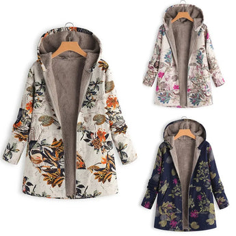 Winter New Women's Printed Hooded Long Sleeve Vintage Coat