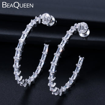 BeaQueen moda 925 Pin de plata de ley gran círculo aro redondo pendiente claro Baguette cúbico zirconio joyería de mujer E219