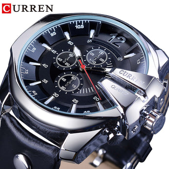 CURREN black genuine leather belt fashion design large Dial brand quartz watches for men watch DR