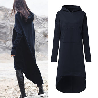 2019 ZANZEA Women Hooded Long Sleeve Fleece Solid Pockets Irregular Hem Long Sweatshirt Dress Hoodies Pullover Vestido Plus Size