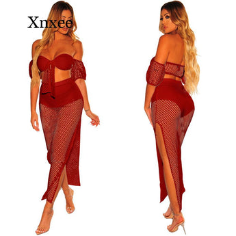 Sexy Mesh Cover-Ups Women Skirt Set Short Lantern Sleeve Strapless Bra Long Slit Skirt Two Pieces Set Hollow Out Beach Set