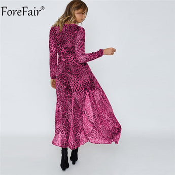 Long-sleeved V-neck leopard casual dress For beach fair Elegant chiffon shirt