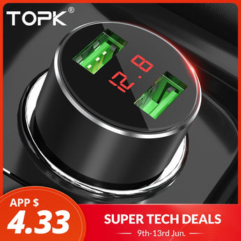 TOPK G209 Digital Display Dubbele USB-motorlaaier vir iPhone Xs Max Samsung Xiaomi 3.1A spanningsmonitering motorlaaier vir telefoon