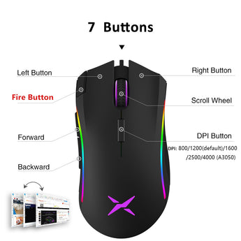 Delux M625 A3050 RGB Backlight Gaming Mouse 4000 DPI 7 Programmable Buttons USB Wired Mice for LOL Game Player for PC Laptop