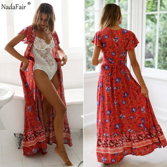 Nadafair Vintage Floral Print Boho Dress Women Sexy Maxi Beach Summer Dress Vestidos Short Sleeve Sash Split Retro Long Dress