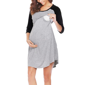 Women's Maternity Dress Nursing Nightgown Breastfeeding Nightshirt Sleepwear Pregnant Stitching Color Breastfeeding Dress