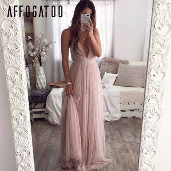 Affogatoo Sexy deep v neck backless summer pink dress women Elegant lace evening maxi dress Holiday long party dress ladies 2019