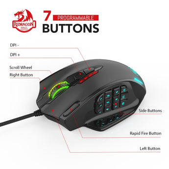 Redragon M908 IMPACT 12400 DPI RGB LED MMO Mouse Laser Wired Gaming Mouse High Precision 19 Programmable Mouse Buttons