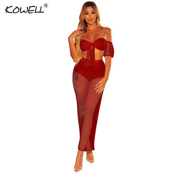 2019 Summer Fishnet Knit Sexy Two Piece Set Women Off Shoulder Crop Top and Maxi Skirt Matching Sets Summer Outfits Beach Dress