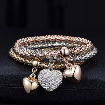 3 Color Austrian Crystal Solid Heart Charm Bracelet Set With Beautiful Popcorn Chain For Women B225