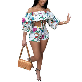 Women Wardrobe 2 Piece Off Shoulder Outfits Floral Print Ruffle Sleeve Crop Tops Short Pants Jumpsuit Romper