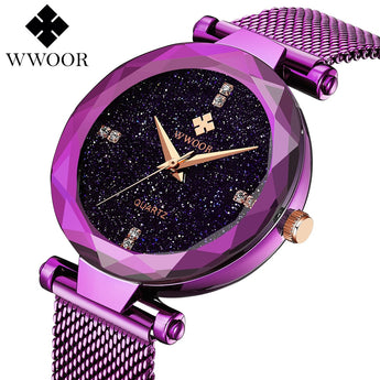 WWOOR Women Dress Watches New unique design purple Luxury Brand Ladies Bracelet Quartz Watch Stainless Steel Mesh Band Casual