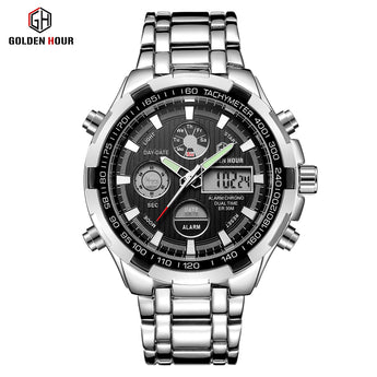 GOLDENHOUR Luxury Brand Waterproof Military Sport Watches Men Silver Steel Digital Quartz Analog Watch Clock Relogios Masculinos