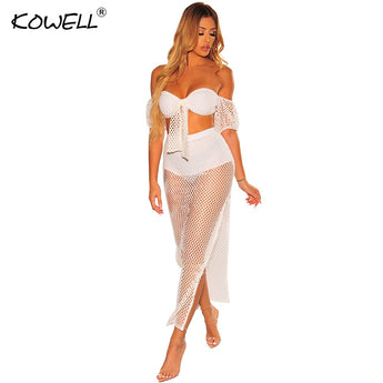 2019 Somer Visnet Brei Sexy Tweestuk Stel Vroue Off Shoulder Crop Top en Maxi Romp Bypassende Stelle Somer uitrustings Strandrok