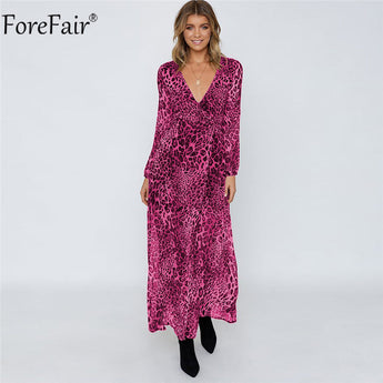 Long-sleeved V-neck leopard casual dress For beach fair Elegant chiffon shirt