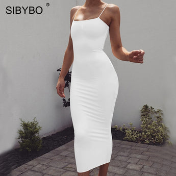 Sibybo Spaghetti Strap Backless Sexy Long Dress Party Off Shoulder Strapless Summer Maxi Dress Black Bodycon Party Dress Women