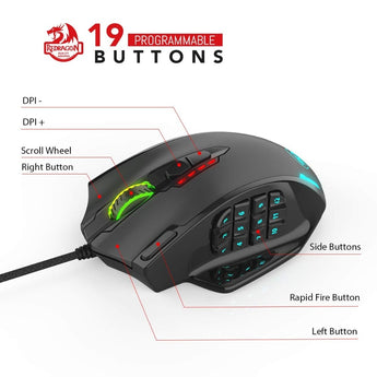 Redragon M908 12400 DPI IMPACT Gaming Mouse 19 Programmable Buttons RGB LED Laser Wired MMO Mouse High Precision Mouse PC Gamer