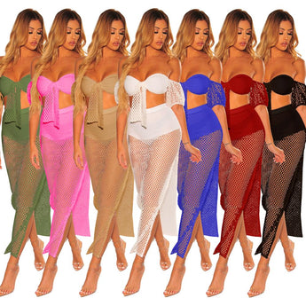 Sexy Mesh Cover-Ups Women Skirt Set Short Lantern Sleeve Strapless Bra Long Slit Skirt Two Pieces Set Hollow Out Beach Set