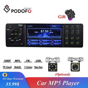 Podofo 1 Din coche estéreo de 4 pulgadas Auto Radio 4202A Bluetooth Autoradio USB SD Aux FM RECEPTOR manos libres en- dash HD MP5 reproductor de vídeo