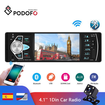 Podofo Autoradio 4,1 ''Radio de coche 1Din Audio estéreo FM Bluetooth volante Control remoto inteligente dinámico Cámara inversa