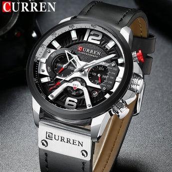 Curren men's stainless steel leather strap watch