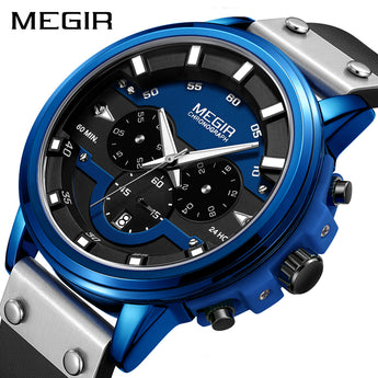 Reloj deportivo de moda MEGIR reloj cronógrafo de cuarzo para hombre, relojes de lujo, luminoso, impermeable, militar, azul, reloj de pulsera