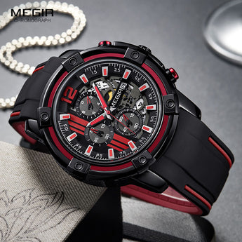 Relojes de cuarzo de lujo Megir para hombre, cronógrafo deportivo militar de silicona, cronógrafo, reloj de pulsera para hombre, relojes de marca superior, Rojo Negro 2097