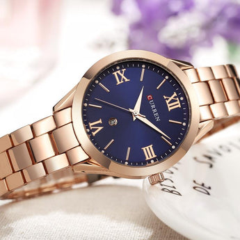 Relojes de mujer CURREN, relojes de pulsera de cuarzo ultrafinos de esfera clásica de acero de oro rosa de lujo de marca superior