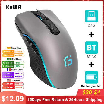 KuWFi Computer Mouse Bluetooth 4.0+2.4Ghz Mouse Wireless Dual Mode 2 In 1 2400DPI Ergonomic Portable Optical Mice for PC/Laptop