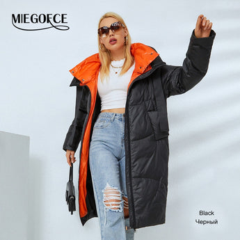 MIEGOFCE 2022 Winter Women Thickening High Collar Hood Parkas Long Knee Bright Colors Big Pockets Jacket Female Outwear  D21517