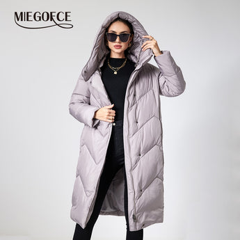 MIEGOFCE 2022 New Winter Long Solid Color Jacket Women Hooded Double Breasted Cotton Coat Windproof Warmth Lady Parka D22705