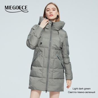 MIEGOFCE 2022 New Winter Jacket Women Stand Collar Hooded Cold Protection Windproof Lady Coat Big Pocket Mid-Length Parka D22731