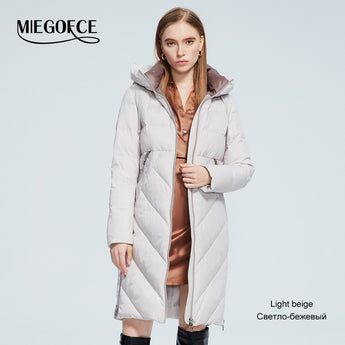 MIEGOFCE 2022 New Winter Women Long Cotton Jacket Stand Collar Hooded Warm Windproof Female Coat Pockets Zipper Parka D22619