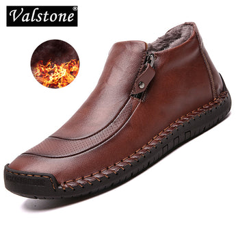 Valstone Slip-on mocasines de invierno vir hombre zapatos de cuero casuales zapatillas de felpa abrigadas cremallera medio-top botas zapatos de calle talla grande 38-48