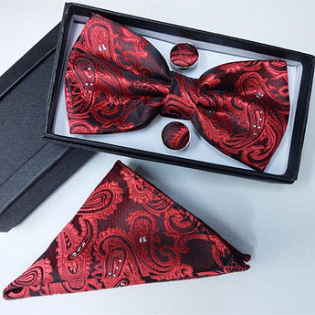 Men's Bow Tie Box Set Wedding Gifts for Guests 100% Silk Gold Jacquard Pink Black Red Handkerchief Cufflinks