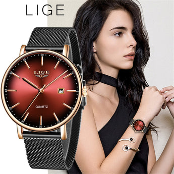 🔥Lige Women Watches Ladies Ultra-thin mesh belt Stainless steel watch Water resistant💦