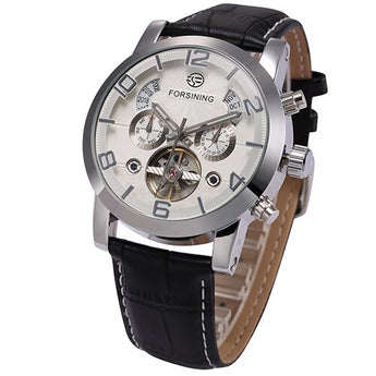 Forsining Mens Watch Automatic Mechanical Leather Strap Dial Date Year Month bracelet