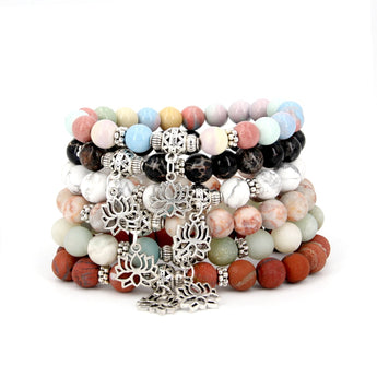 Handmade Natural Stone Lotus Om Buddha Bracelet Pink Zebra Stone Lotus Charm Bracelet For Women Men