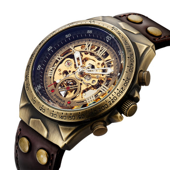 Mans retro-styl outomatiese meganiese horlosie Skeleton Steampunk egte leer band