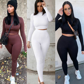 Twee-delige stelle vroue soliede herfs sweetpakke hoë middellyf rekbare sportdrag Hot crop tops en leggings bypassende uitrustings