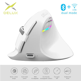 Delux M618 Mini Wireless White Mouse BT 4.0+2.4GHz Dual mode Ergonomic Rechargeable Silent click Vertical Mice For PC