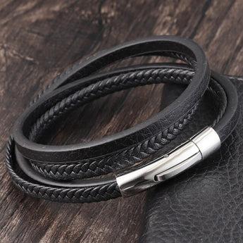 Multilayer Braided Rope Stainless Steel Genuine Leather Bracelets for Men Women