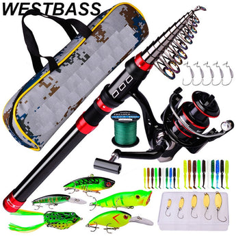 WESTBASS 1.8-3.6M Fishing Rod Set Carbon Telescopic Spinning Fishing Rod Reel Kit Spinning Reel Line Lures Hooks Rod Full Combo