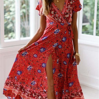 Vintage Floral Summer Swimwear Wedding Beach Dress Sexy Women Short Sleeve Split Girdle Long Retro